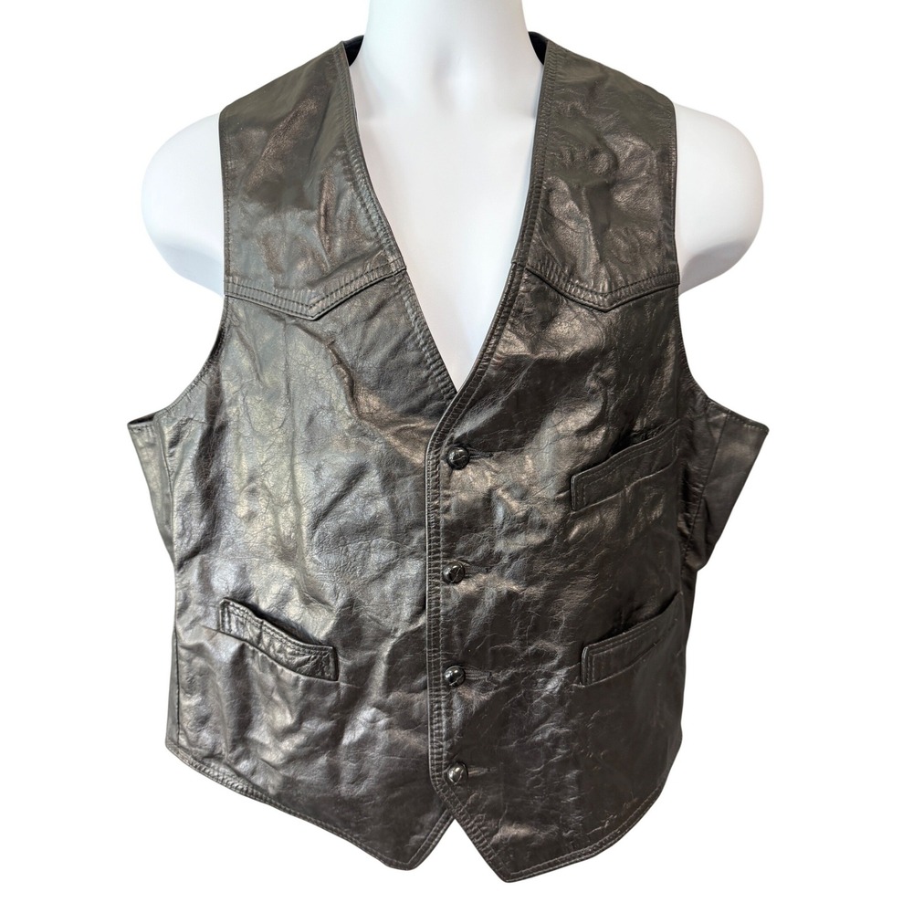 Reed Sportswear Vintage Mens Black Leather Western Biker Vest Size 44 USA Made
